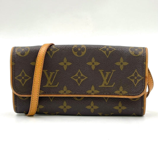 Louis Vuitton Pochette Twin PM Monogram Leather Brown Shoulder Bag Gold