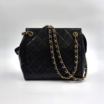 Chanel Caviar Leather Quilted Black Chain Shoulder Bag Gold
