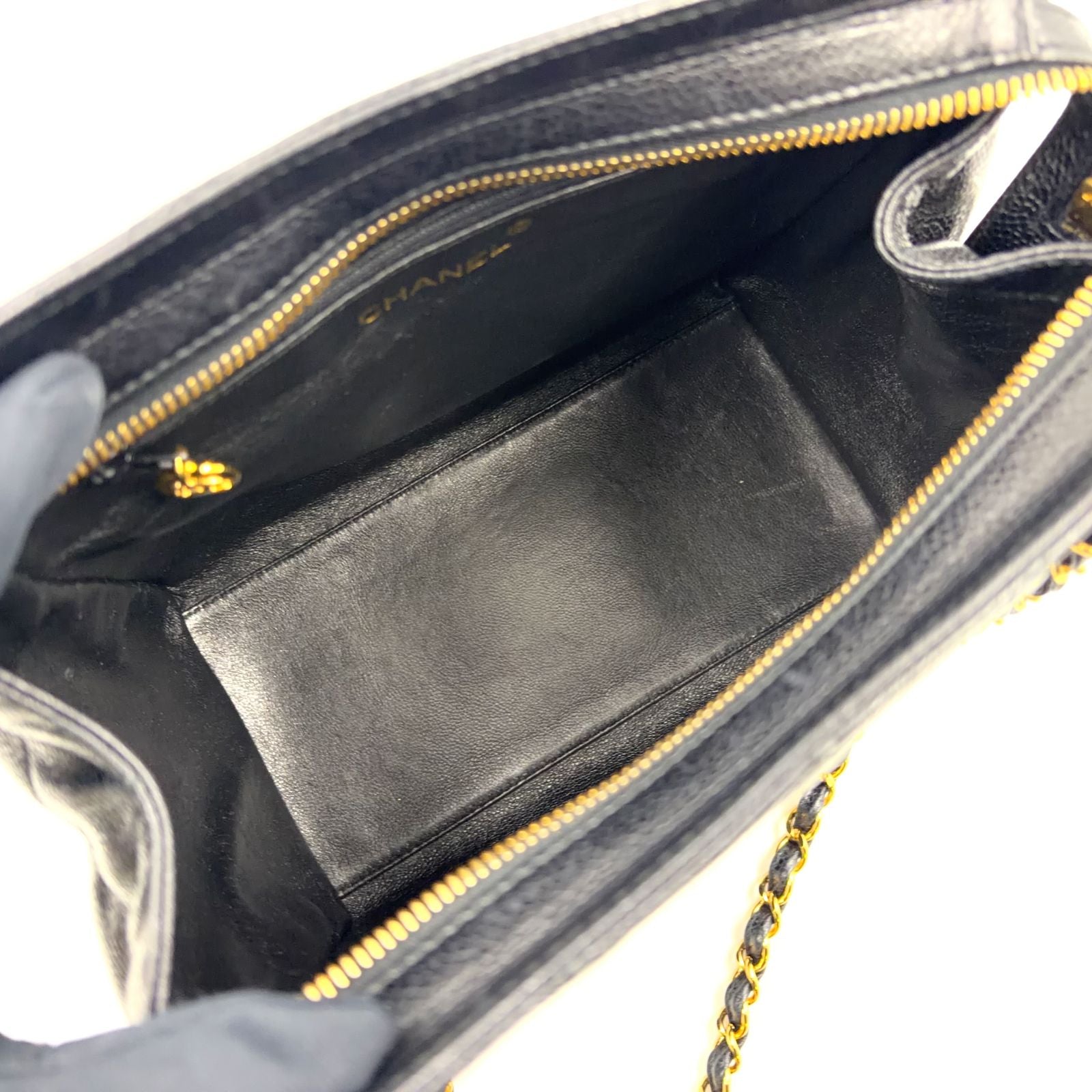 Chanel Caviar Leather Quilted Black Chain Shoulder Bag Gold — view 3