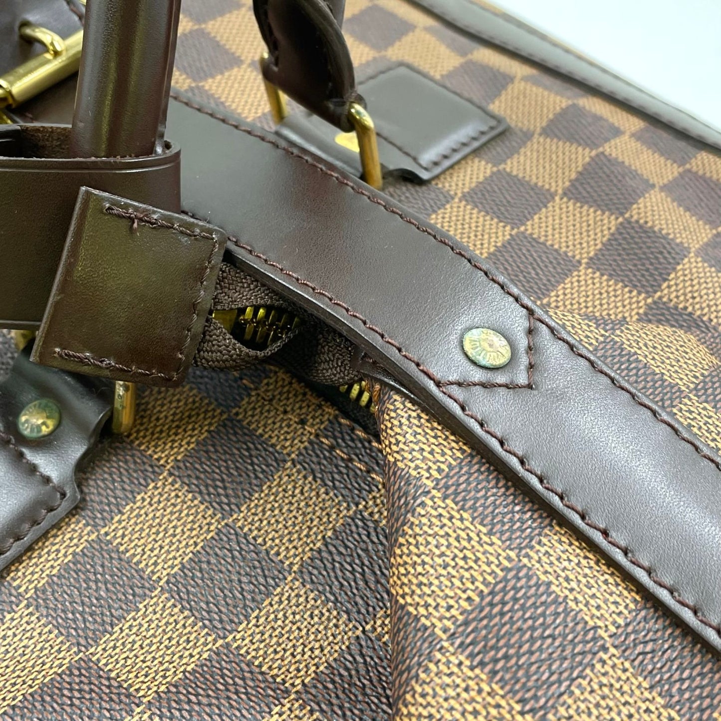 Louis Vuitton Grimo Damier Ebene Leather Brown Boston Bag Gold — view 7