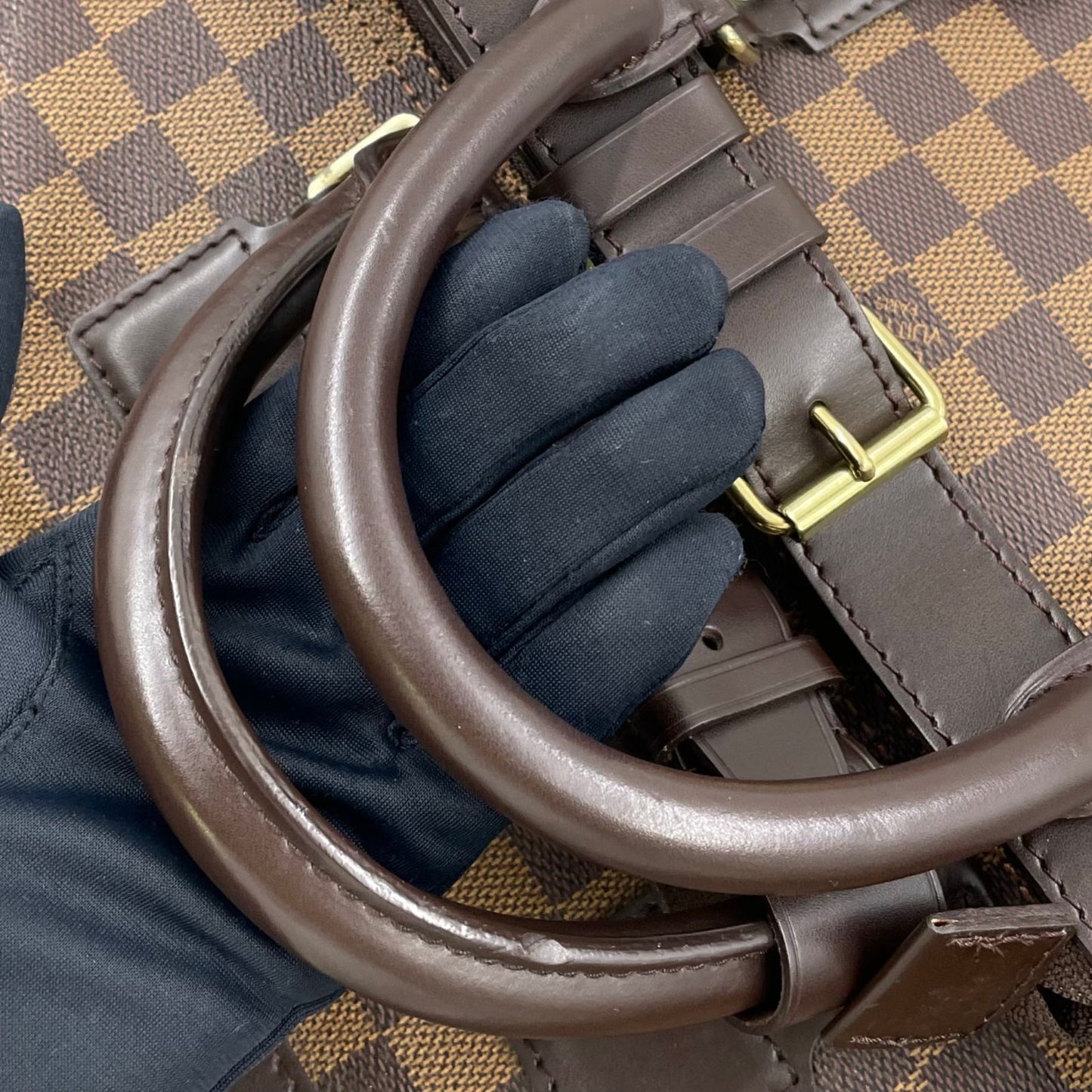 Louis Vuitton Grimo Damier Ebene Leather Brown Boston Bag Gold — view 5