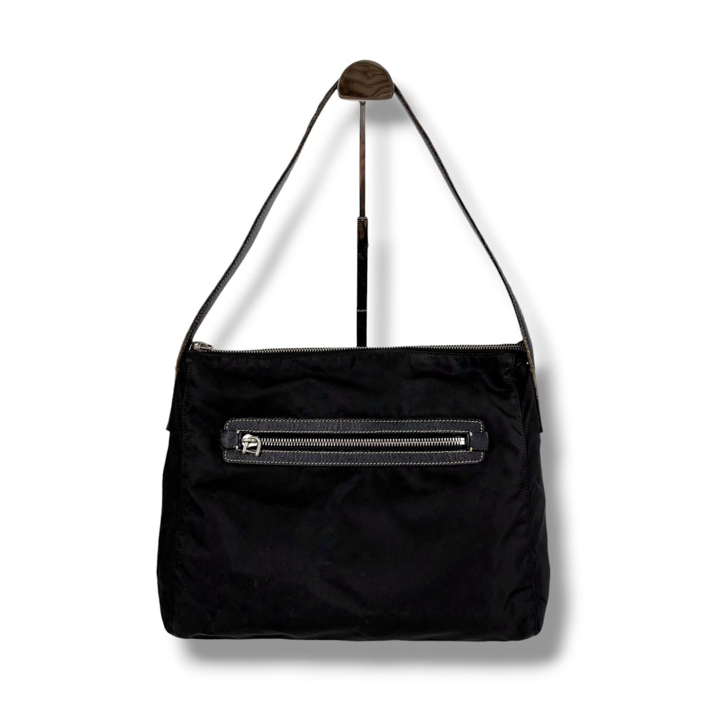 Prada Triangle Logo Shoulder Bag Hobo Black Tessuto Nylon Leather — view 2