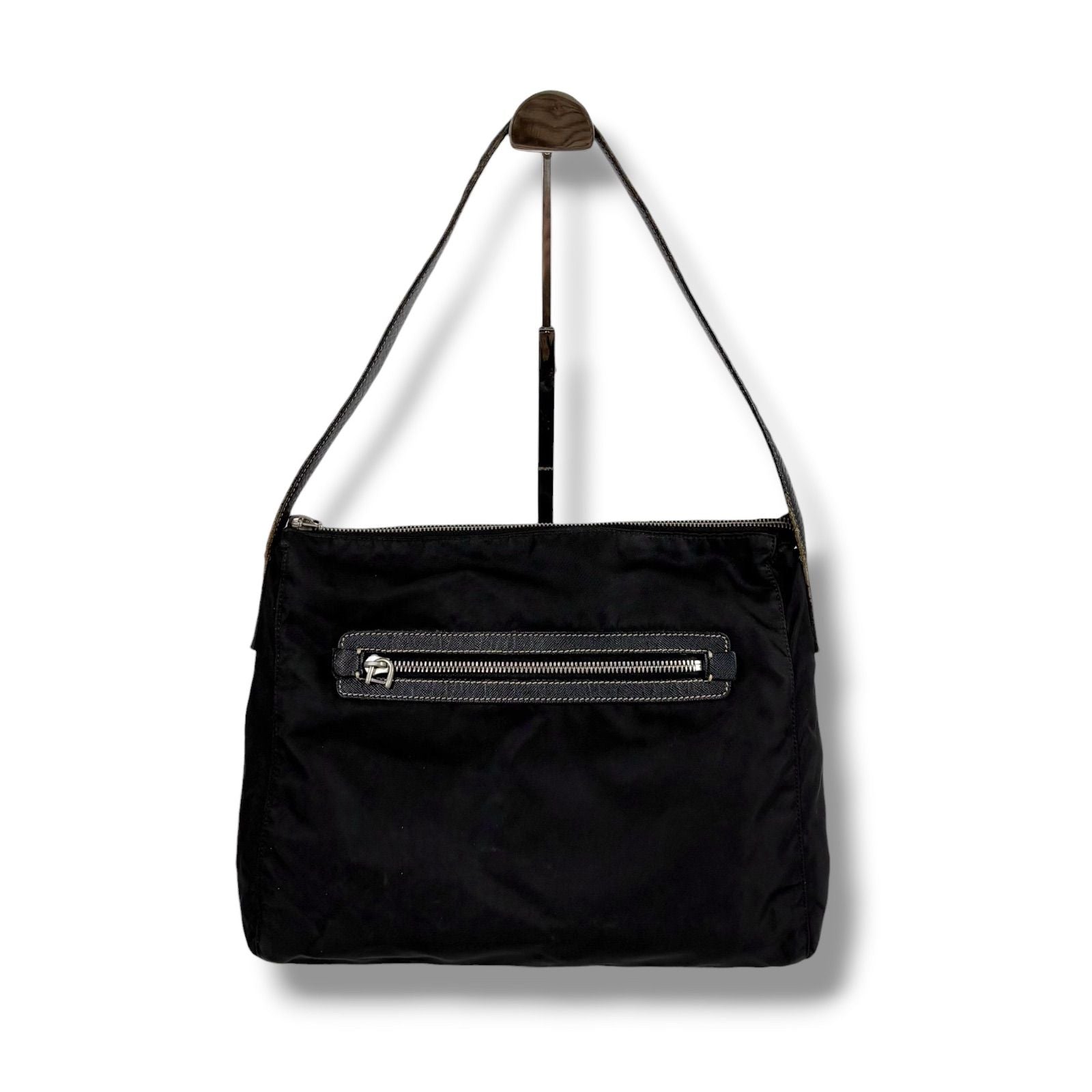 Prada Triangle Logo Shoulder Bag Hobo Black Tessuto Nylon Leather — view 2