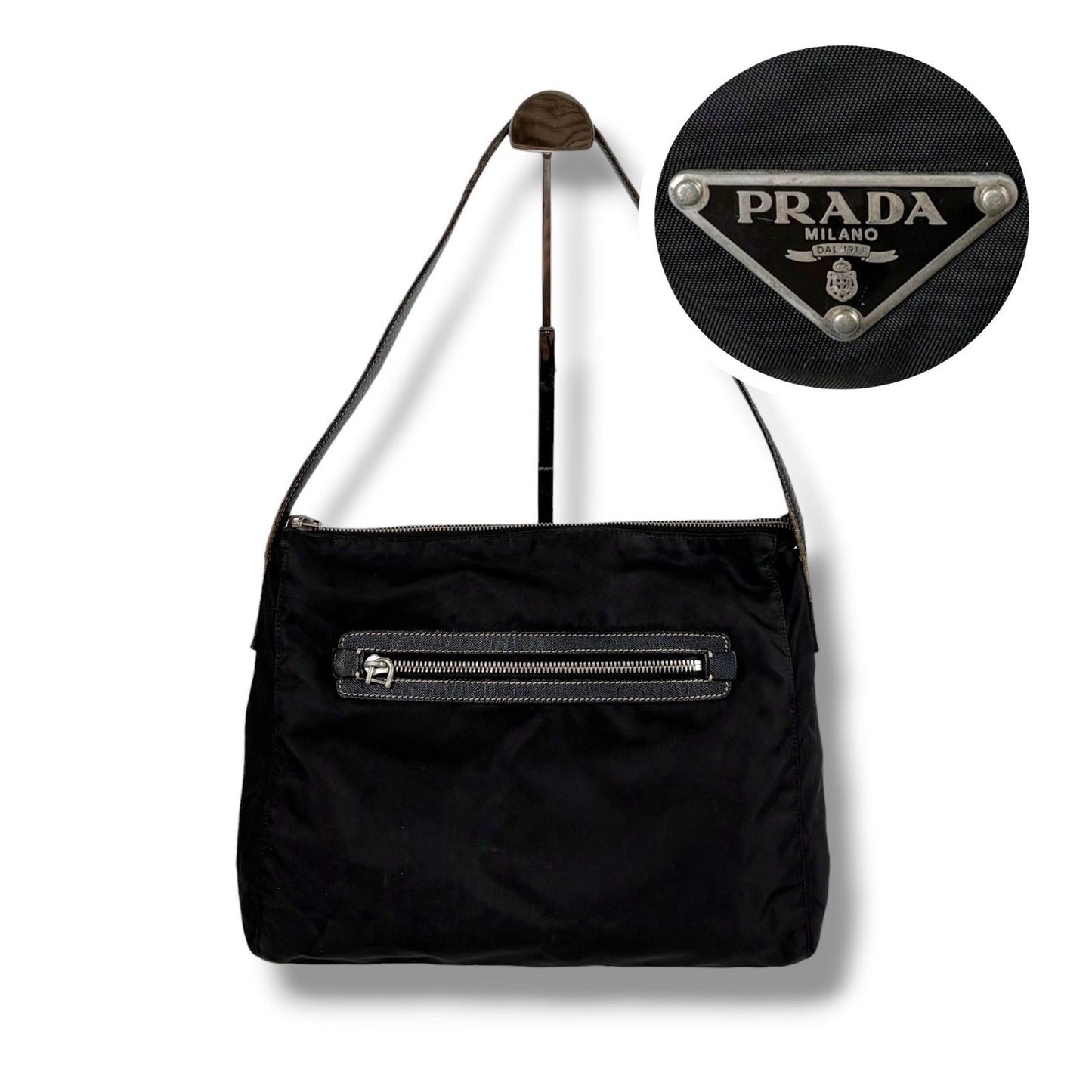Prada Triangle Logo Shoulder Bag Hobo Black Tessuto Nylon Leather