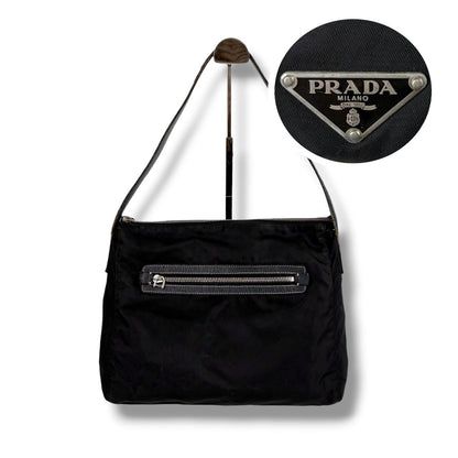Prada Triangle Logo Shoulder Bag Hobo Black Tessuto Nylon Leather