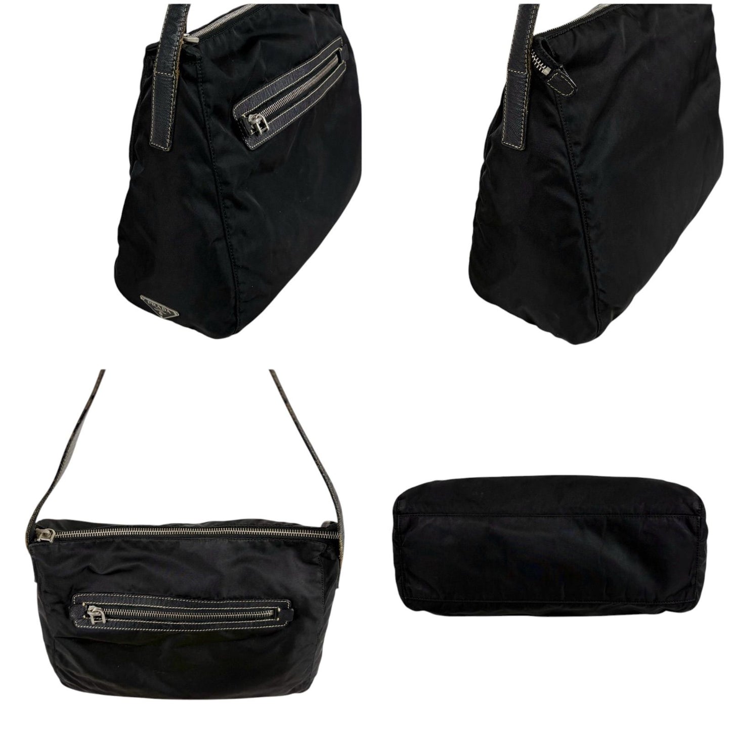 Prada Triangle Logo Shoulder Bag Hobo Black Tessuto Nylon Leather — view 4