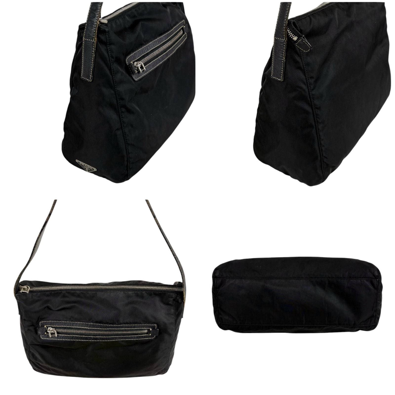 Prada Triangle Logo Shoulder Bag Hobo Black Tessuto Nylon Leather — view 4