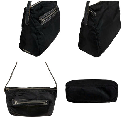 Prada Triangle Logo Shoulder Bag Hobo Black Tessuto Nylon Leather — view 4