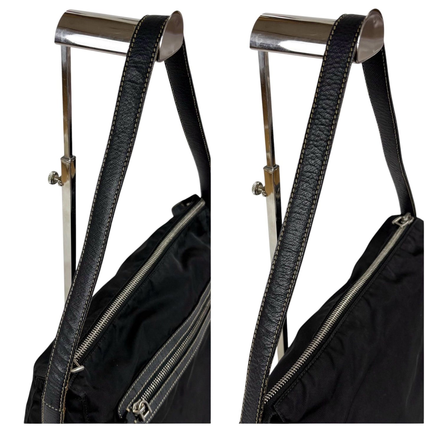 Prada Triangle Logo Shoulder Bag Hobo Black Tessuto Nylon Leather — view 7