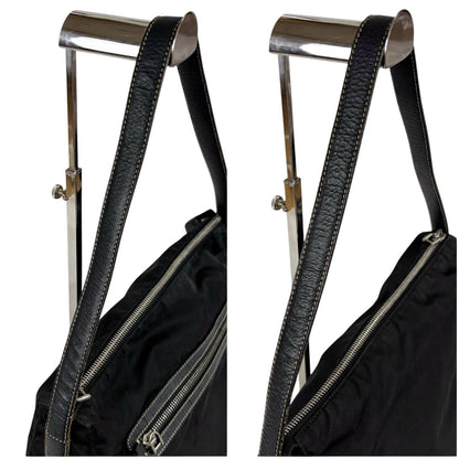 Prada Triangle Logo Shoulder Bag Hobo Black Tessuto Nylon Leather — view 7