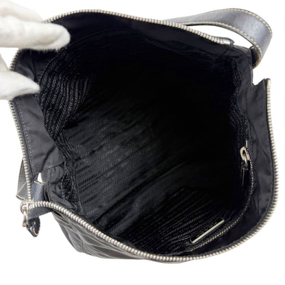 Prada Triangle Logo Shoulder Bag Hobo Black Tessuto Nylon Leather — view 9