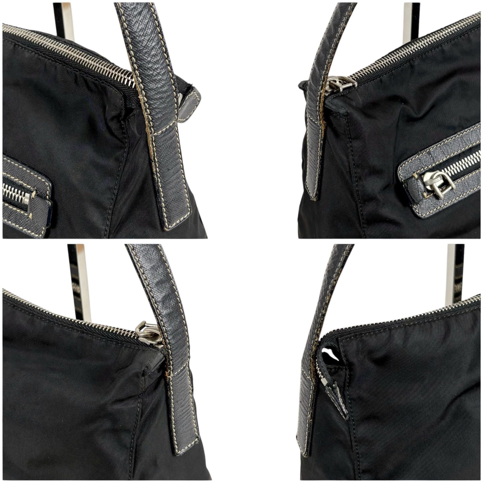 Prada Triangle Logo Shoulder Bag Hobo Black Tessuto Nylon Leather — view 5