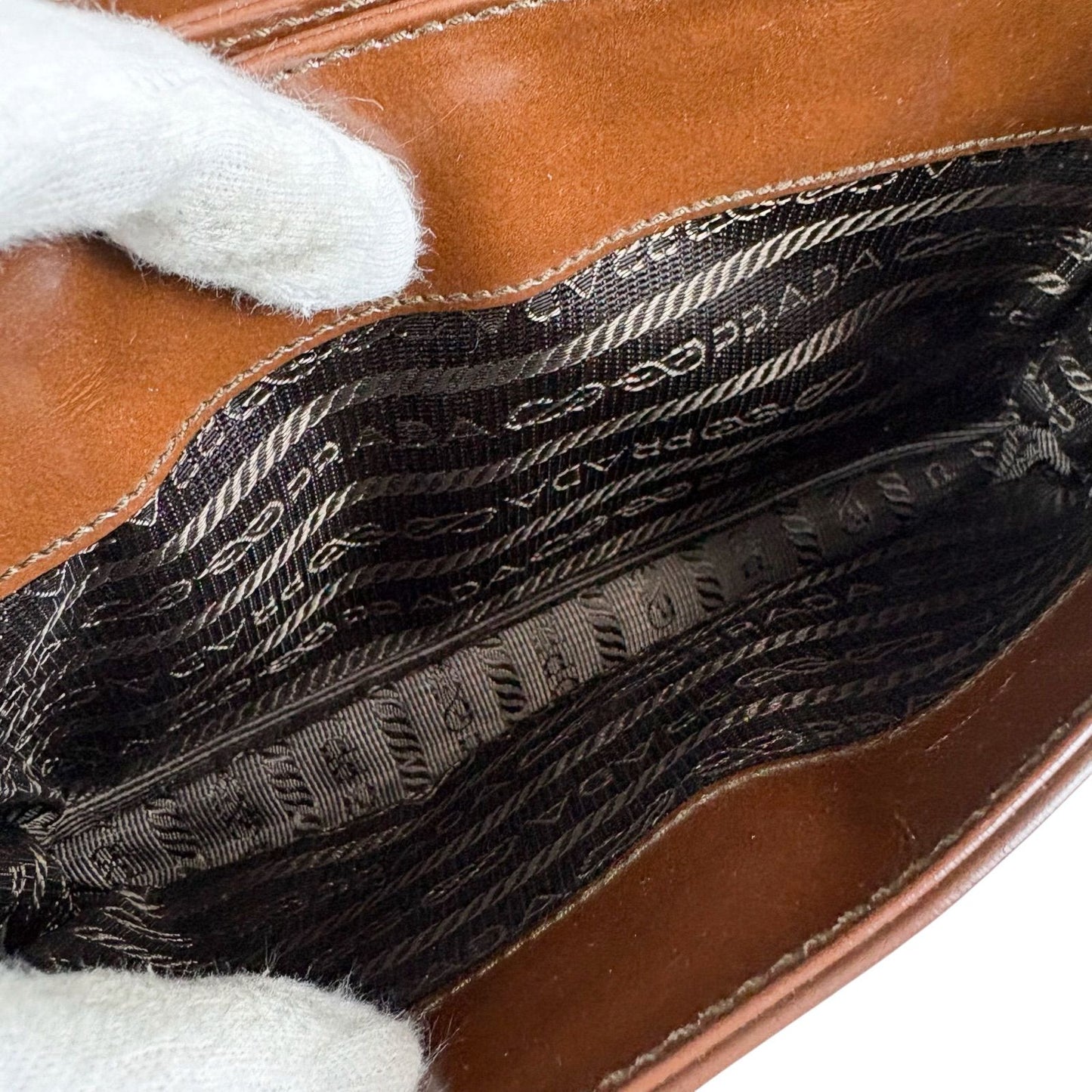 Prada Mirror Calf Leather Mini Handbag Pouch Brown Logo — view 9