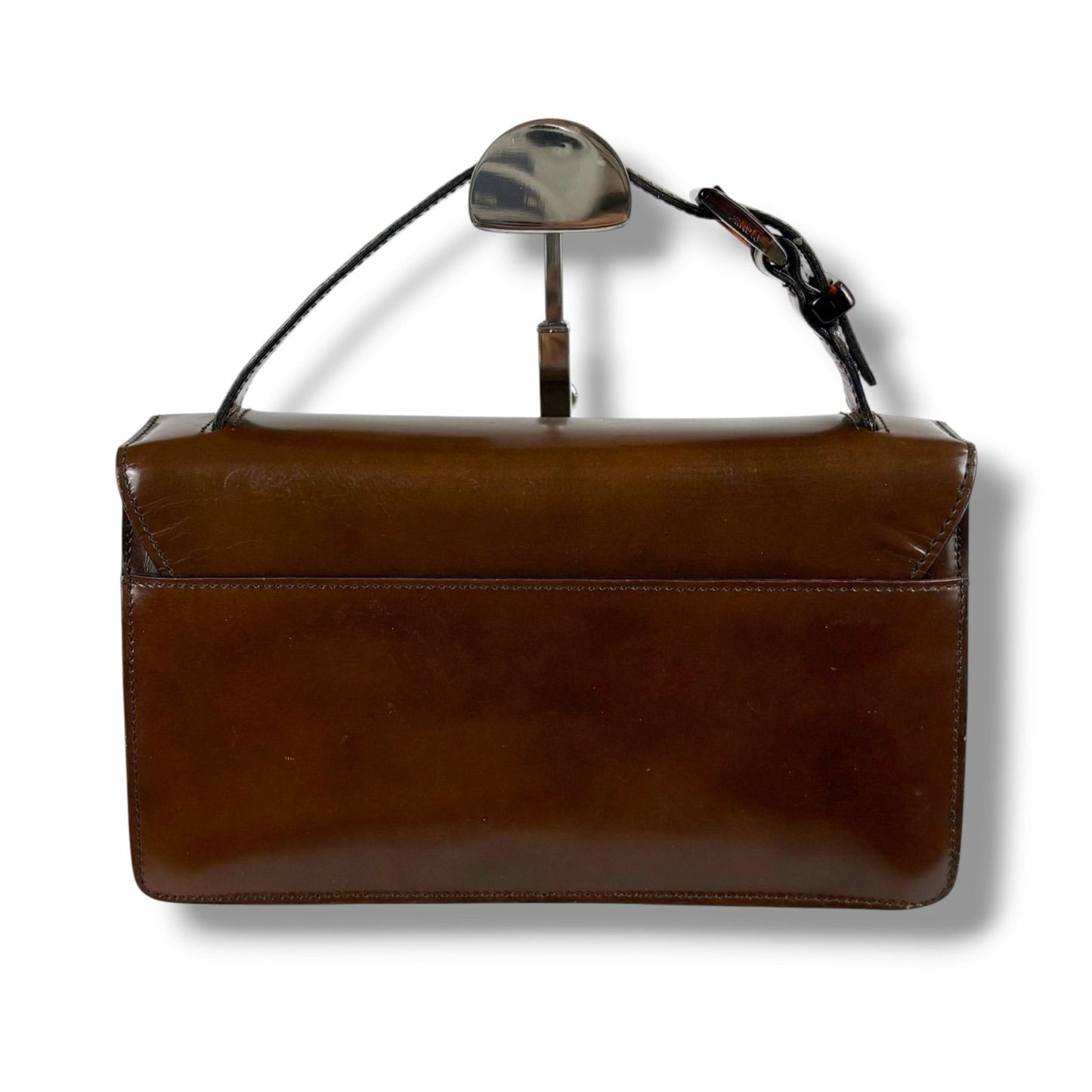 Prada Mirror Calf Leather Mini Handbag Pouch Brown Logo — view 3