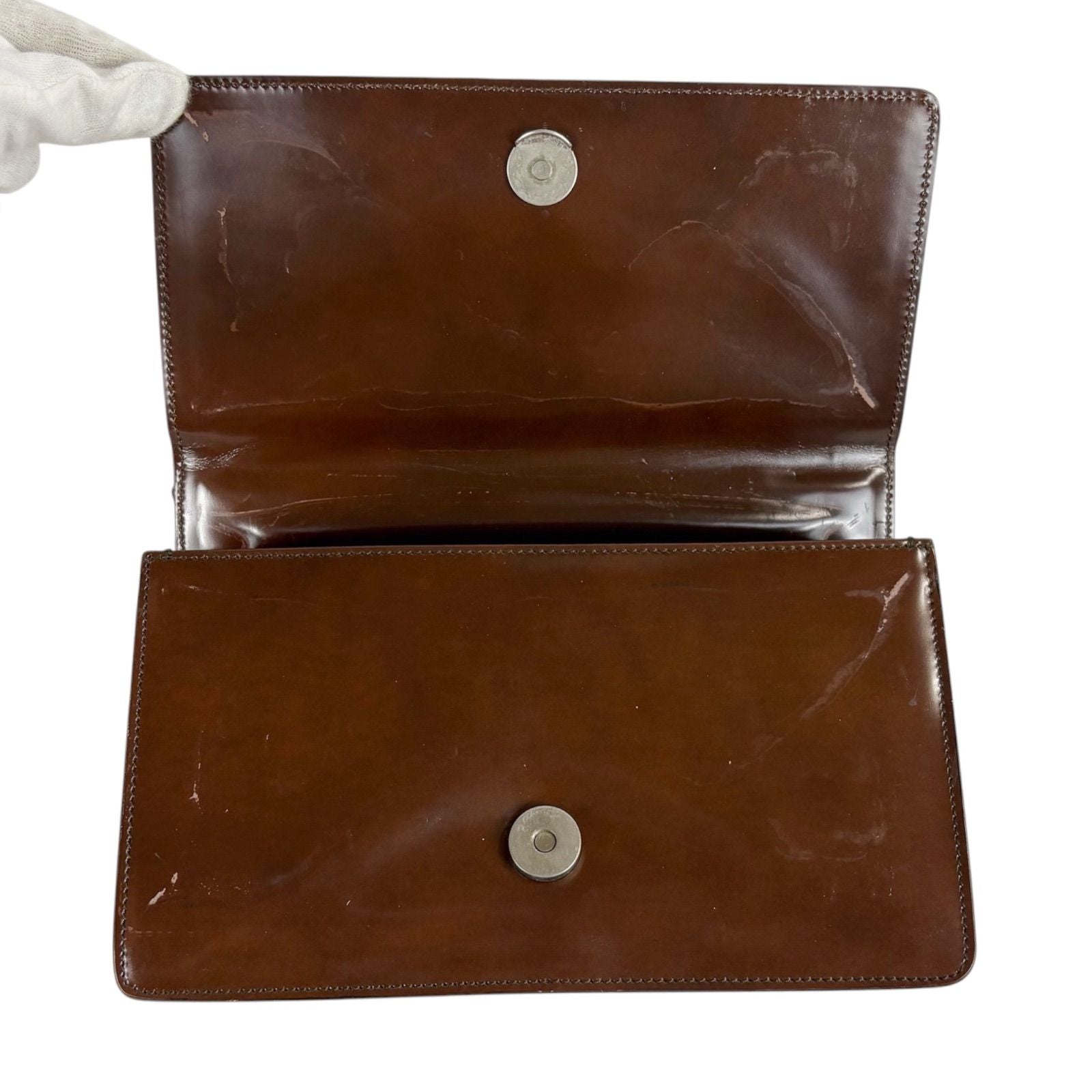 Prada Mirror Calf Leather Mini Handbag Pouch Brown Logo — view 4