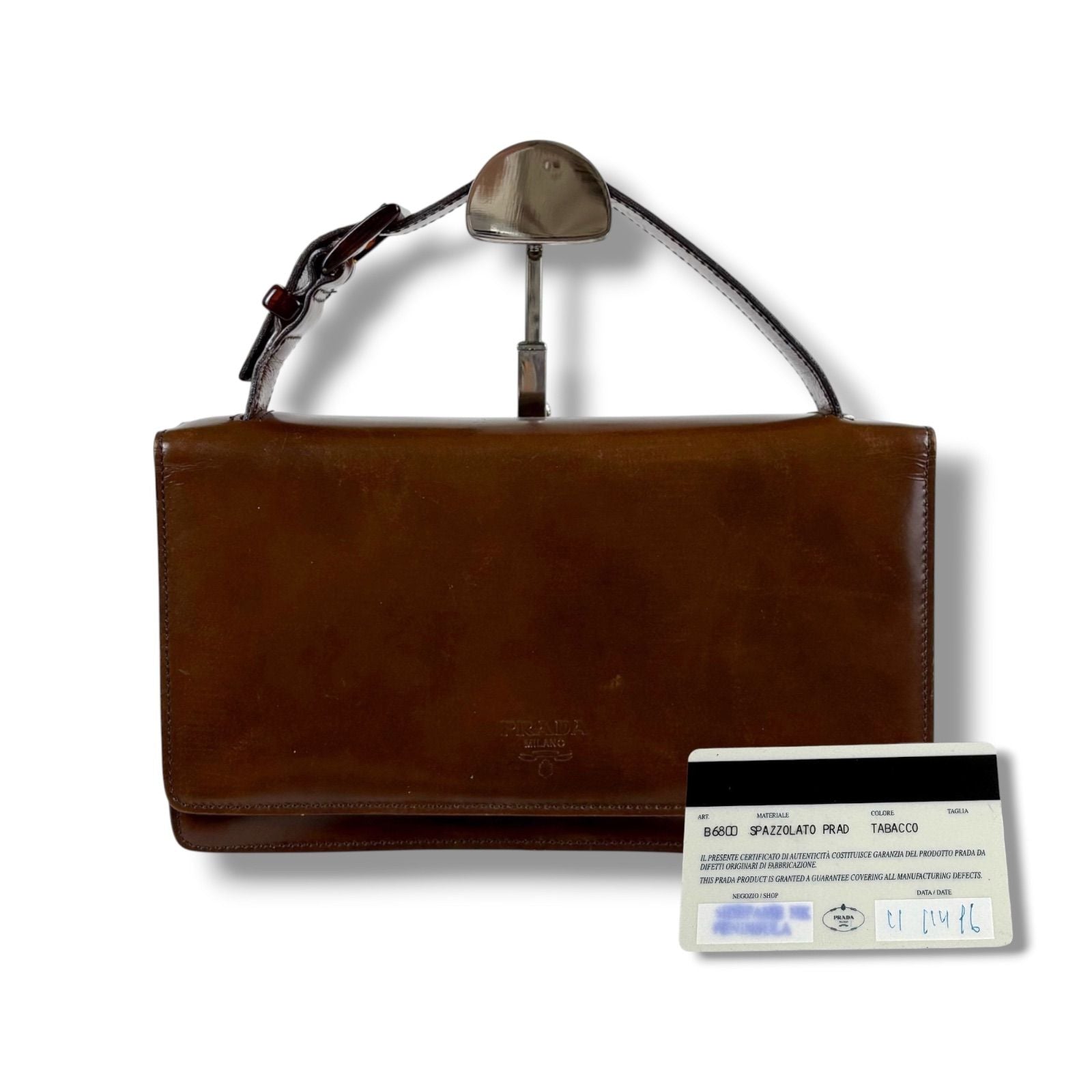 Prada Mirror Calf Leather Mini Handbag Pouch Brown Logo