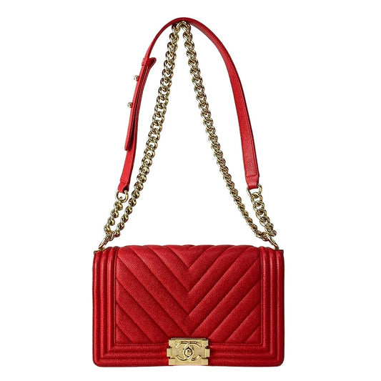 Chanel Shoulder Bag Stitch Red Chain Gold