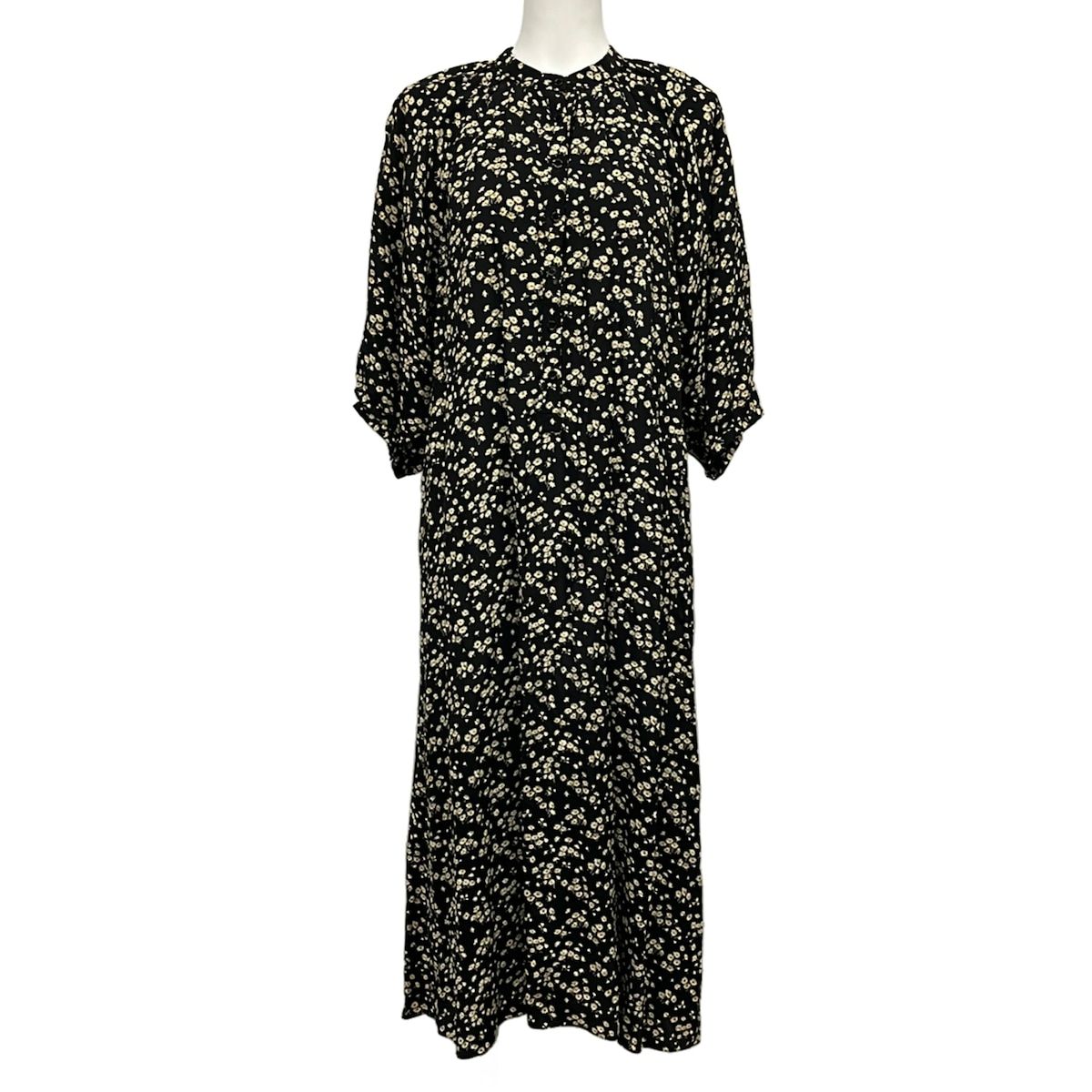Celine Dress 42 L Black Beige Orange 3/4 Sleeve Long Floral Pattern