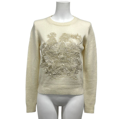 Dior Long Sleeve Sweater I 42 Ivory Gold Embroidery Star Cashmere