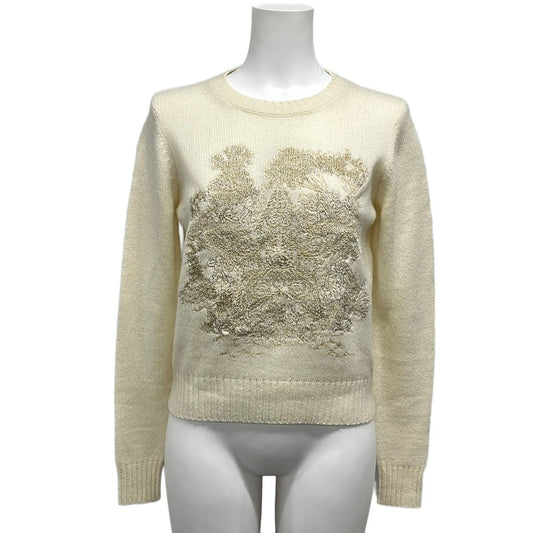 Dior Long Sleeve Sweater I 42 Ivory Gold Embroidery Star Cashmere