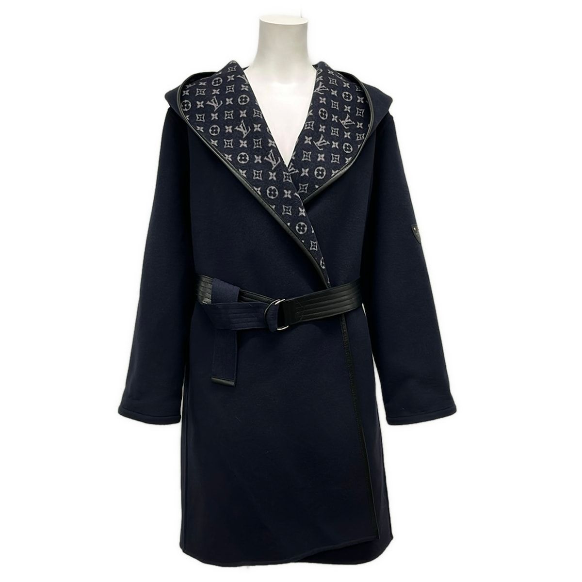 Louis Vuitton Coat 38 M Hooded Wrap Navy Light Pink Multi Long Sleeve Lining