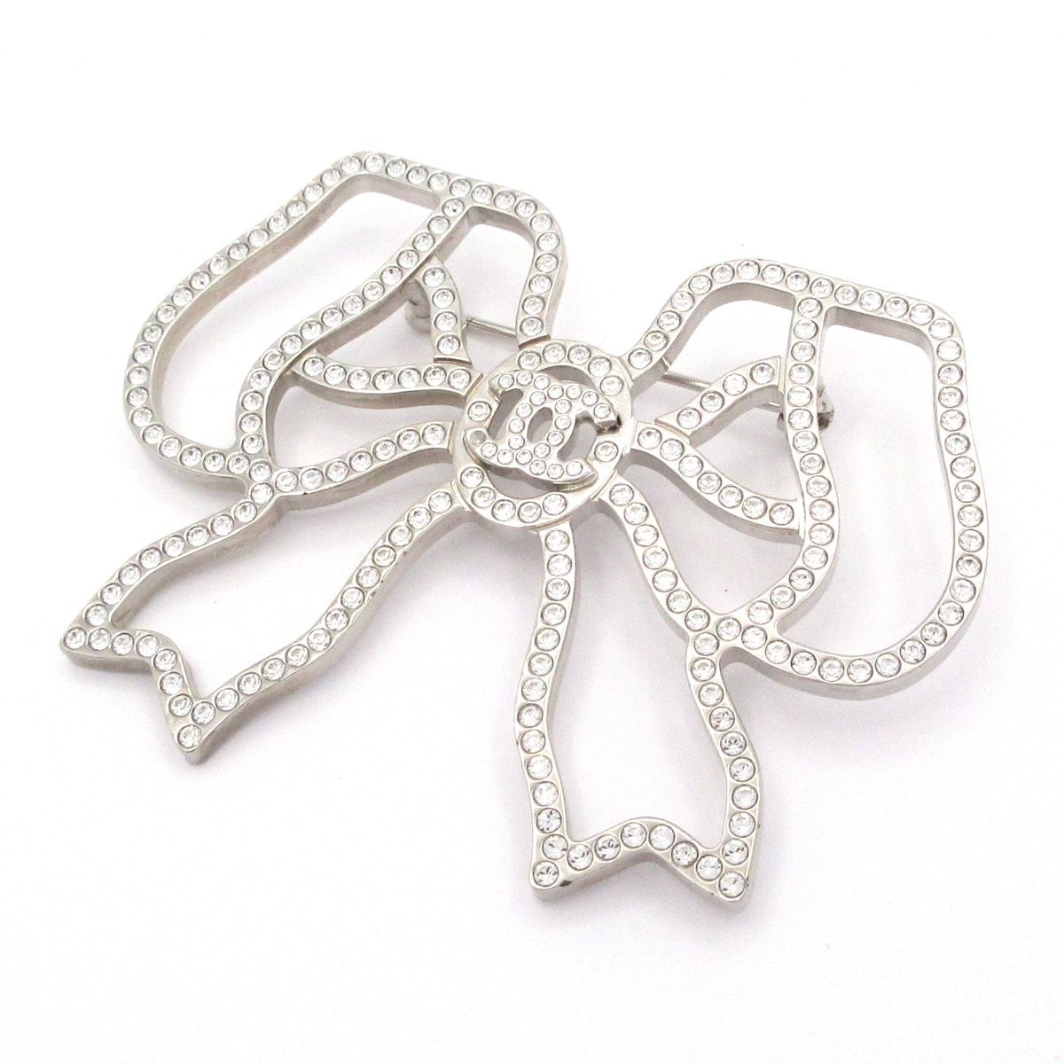Chanel Brooch CC Logo Silver Clear Ribbon