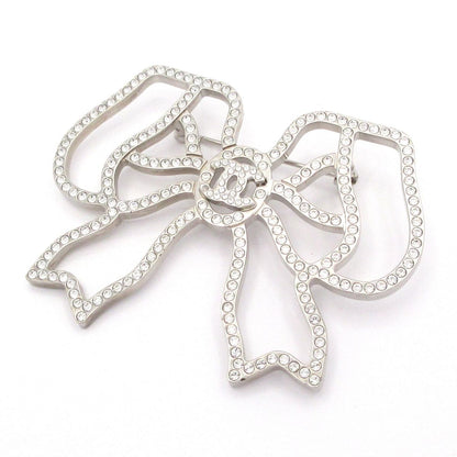 Chanel Brooch CC Logo Silver Clear Ribbon