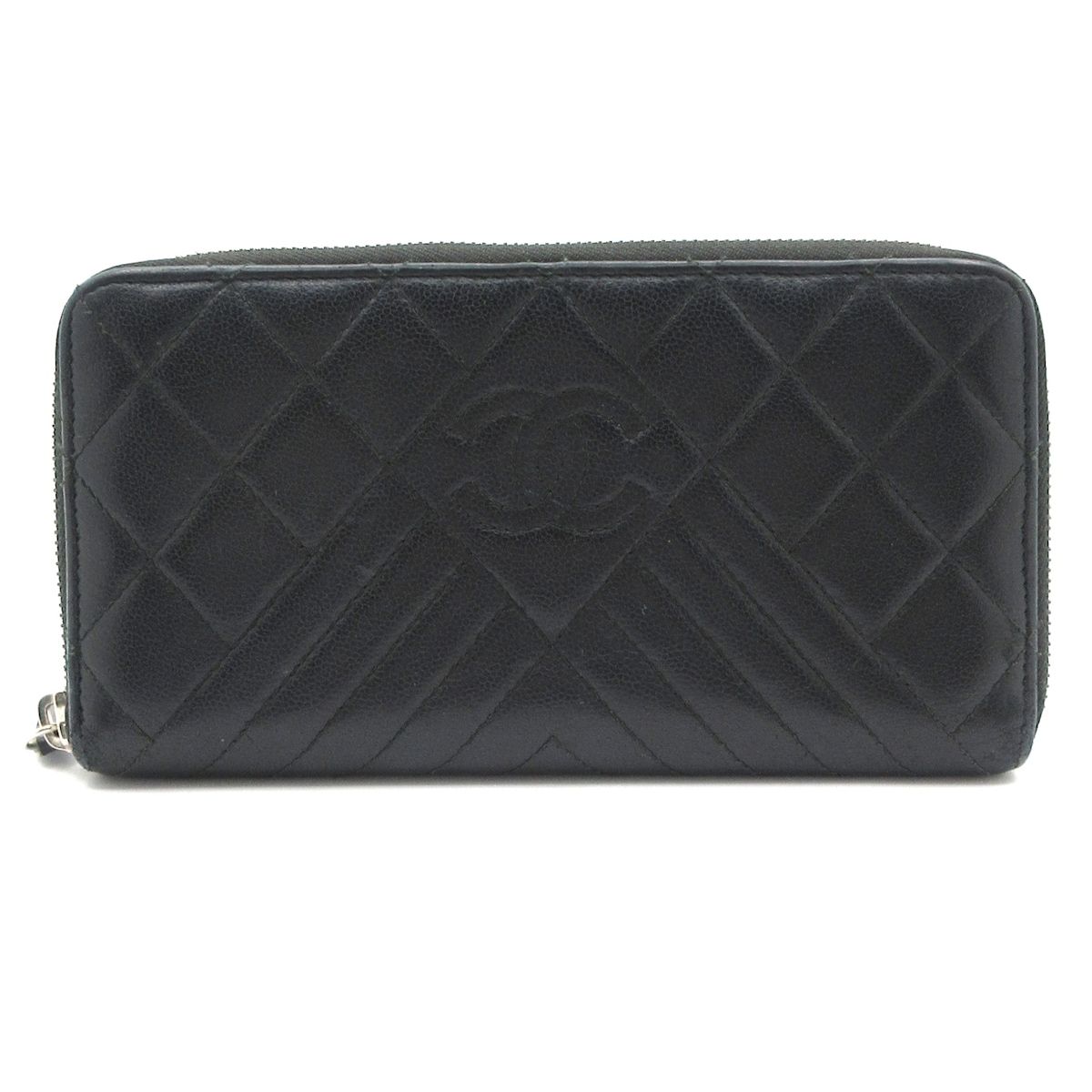 Chanel Wallet Quilted Stitch Black Zip Around Silver