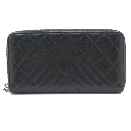 Chanel Wallet Quilted Stitch Black Zip Around Silver