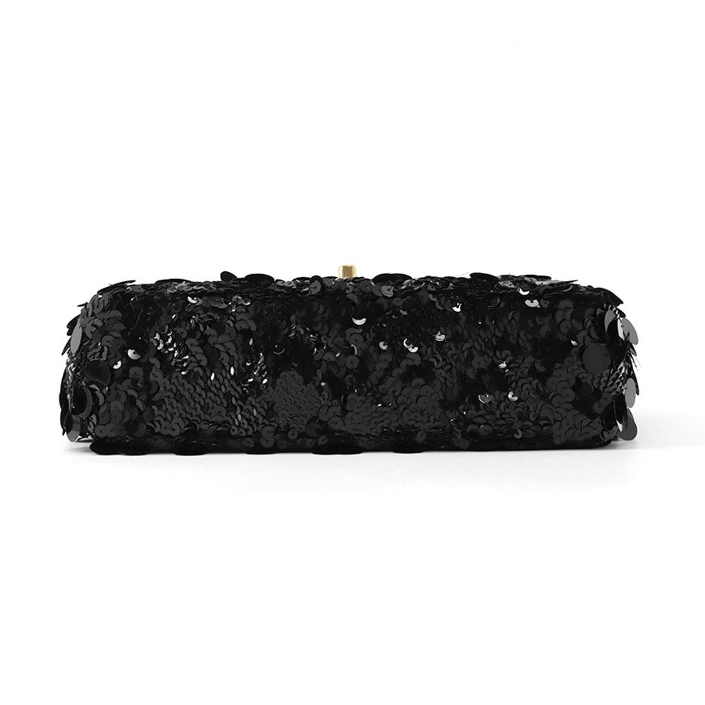 Chanel Chain Shoulder Bag Quilted CC Logo Lambskin Satin Sequin Double Black — view 3