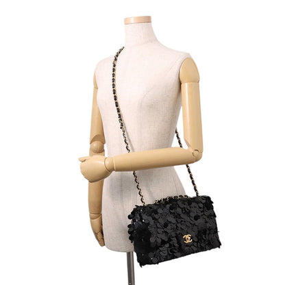 Chanel Chain Shoulder Bag Quilted CC Logo Lambskin Satin Sequin Double Black — view 5