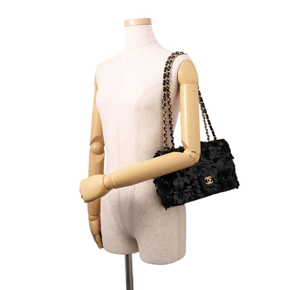 Chanel Chain Shoulder Bag Quilted CC Logo Lambskin Satin Sequin Double Black — view 4