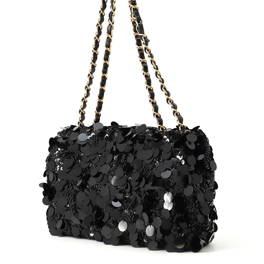 Chanel Chain Shoulder Bag Quilted CC Logo Lambskin Satin Sequin Double Black — view 2