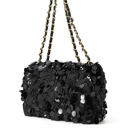 Chanel Chain Shoulder Bag Quilted CC Logo Lambskin Satin Sequin Double Black — view 2