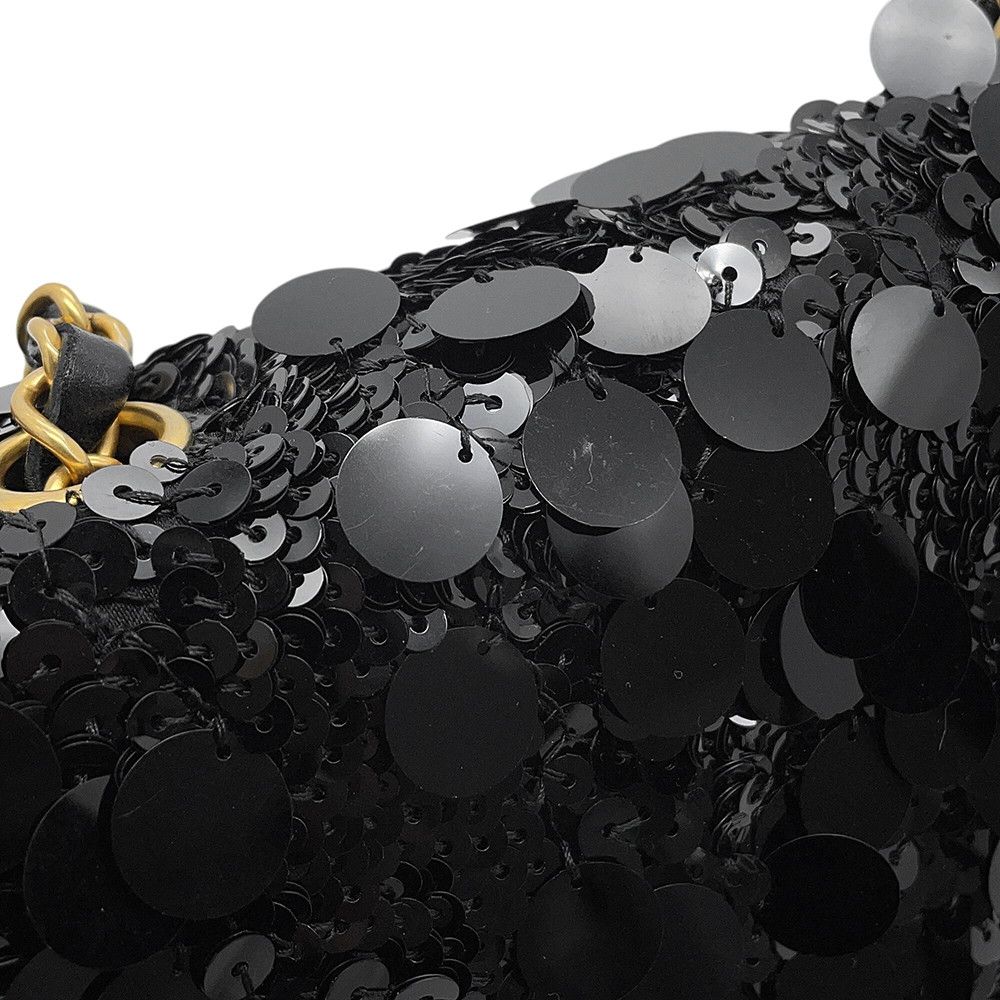 Chanel Chain Shoulder Bag Quilted CC Logo Lambskin Satin Sequin Double Black — view 8