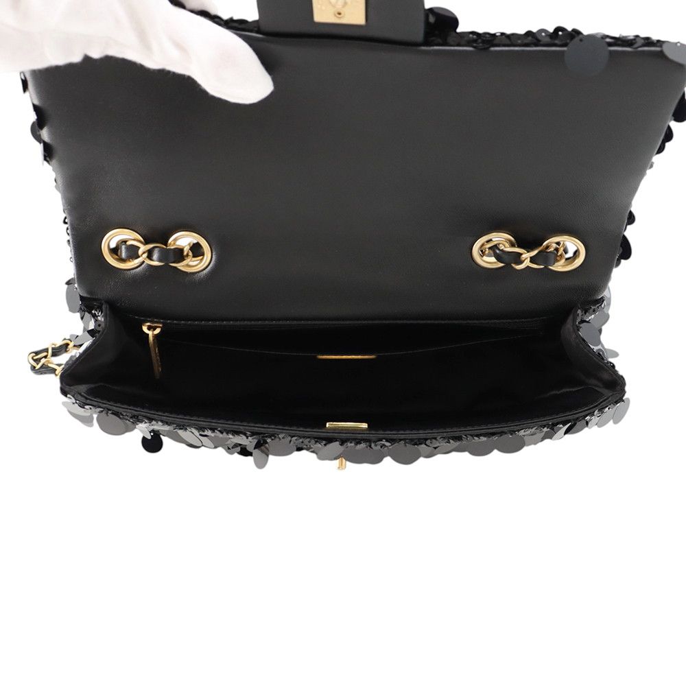 Chanel Chain Shoulder Bag Quilted CC Logo Lambskin Satin Sequin Double Black — view 6