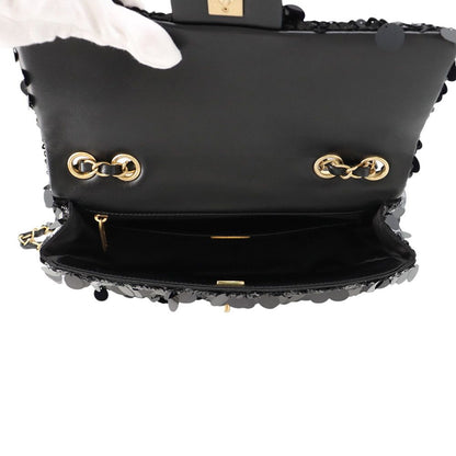 Chanel Chain Shoulder Bag Quilted CC Logo Lambskin Satin Sequin Double Black — view 6