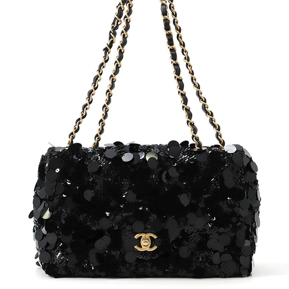 Chanel Chain Shoulder Bag Quilted CC Logo Lambskin Satin Sequin Double Black