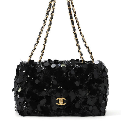 Chanel Chain Shoulder Bag Quilted CC Logo Lambskin Satin Sequin Double Black