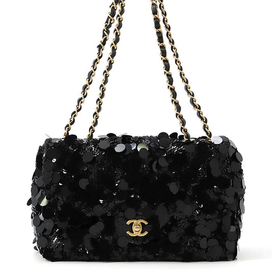 Chanel Chain Shoulder Bag Quilted CC Logo Lambskin Satin Sequin Double Black