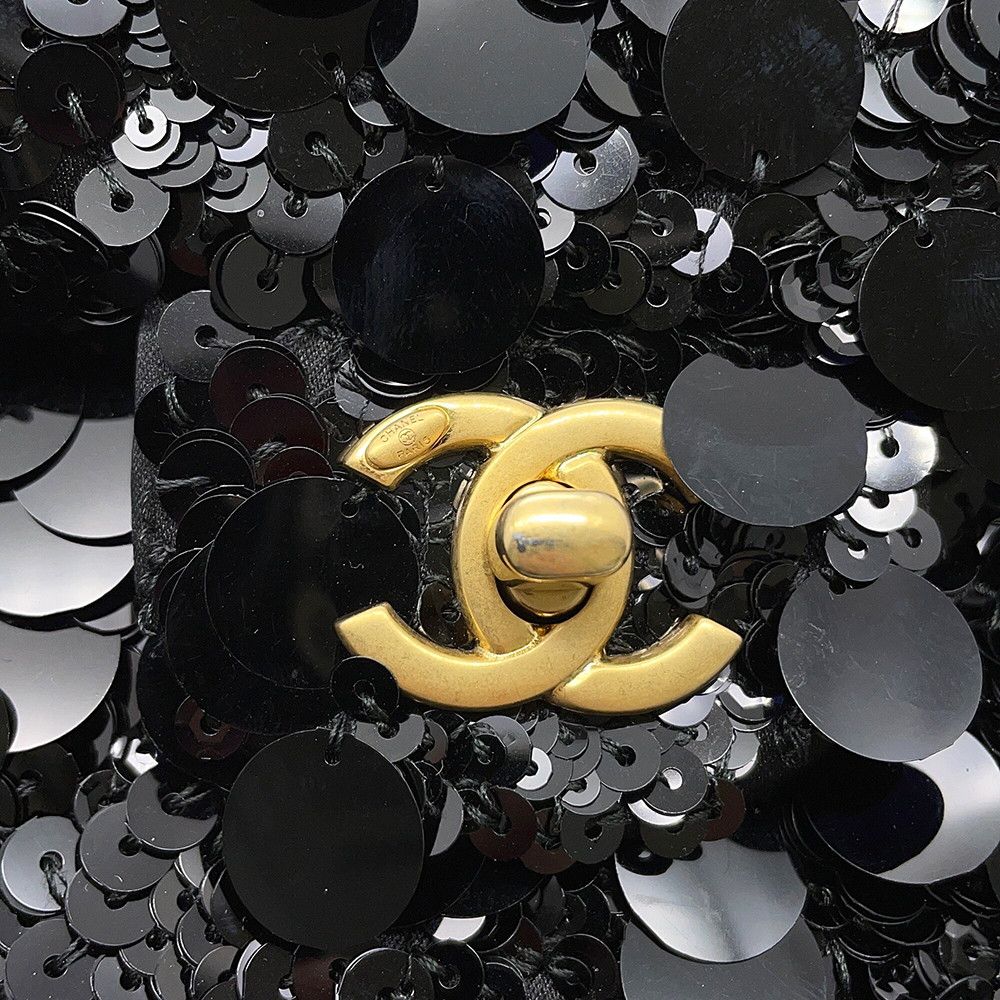 Chanel Chain Shoulder Bag Quilted CC Logo Lambskin Satin Sequin Double Black — view 7
