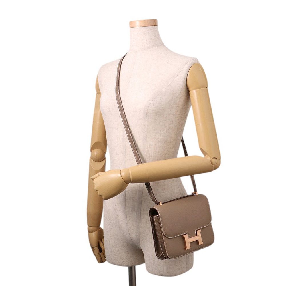 Hermes Shoulder Bag Mini Constance 3 Miloire Etoupe Pink Gold Epsom — view 5