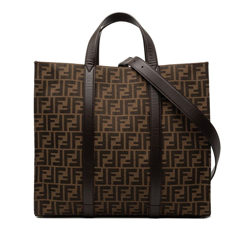 Fendi FF Logo Tote Shoulder Bag 2-Way Brown Canvas Leather