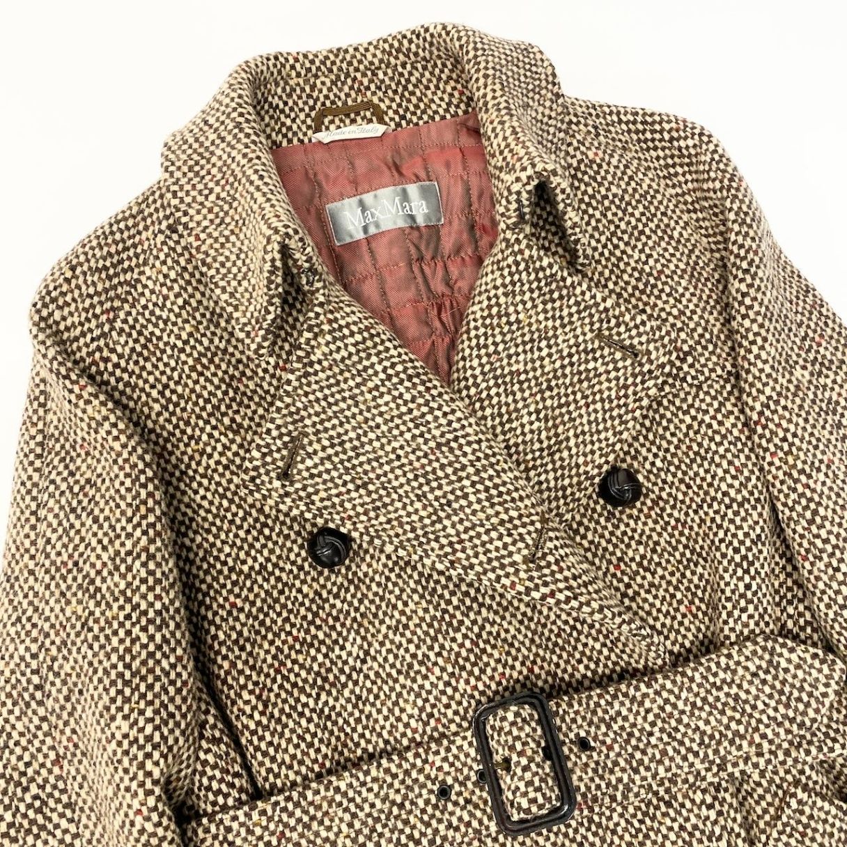 Max Mara Double Breasted Tweed Coat Insulation Jacket Half 42 Beige Brown — view 5