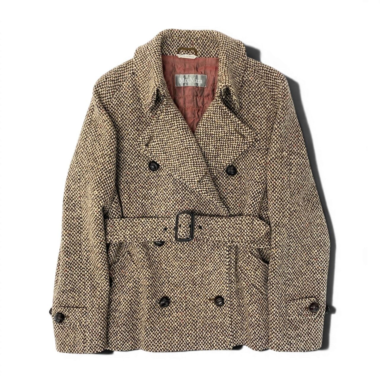 Max Mara Double Breasted Tweed Coat Insulation Jacket Half 42 Beige Brown — view 2