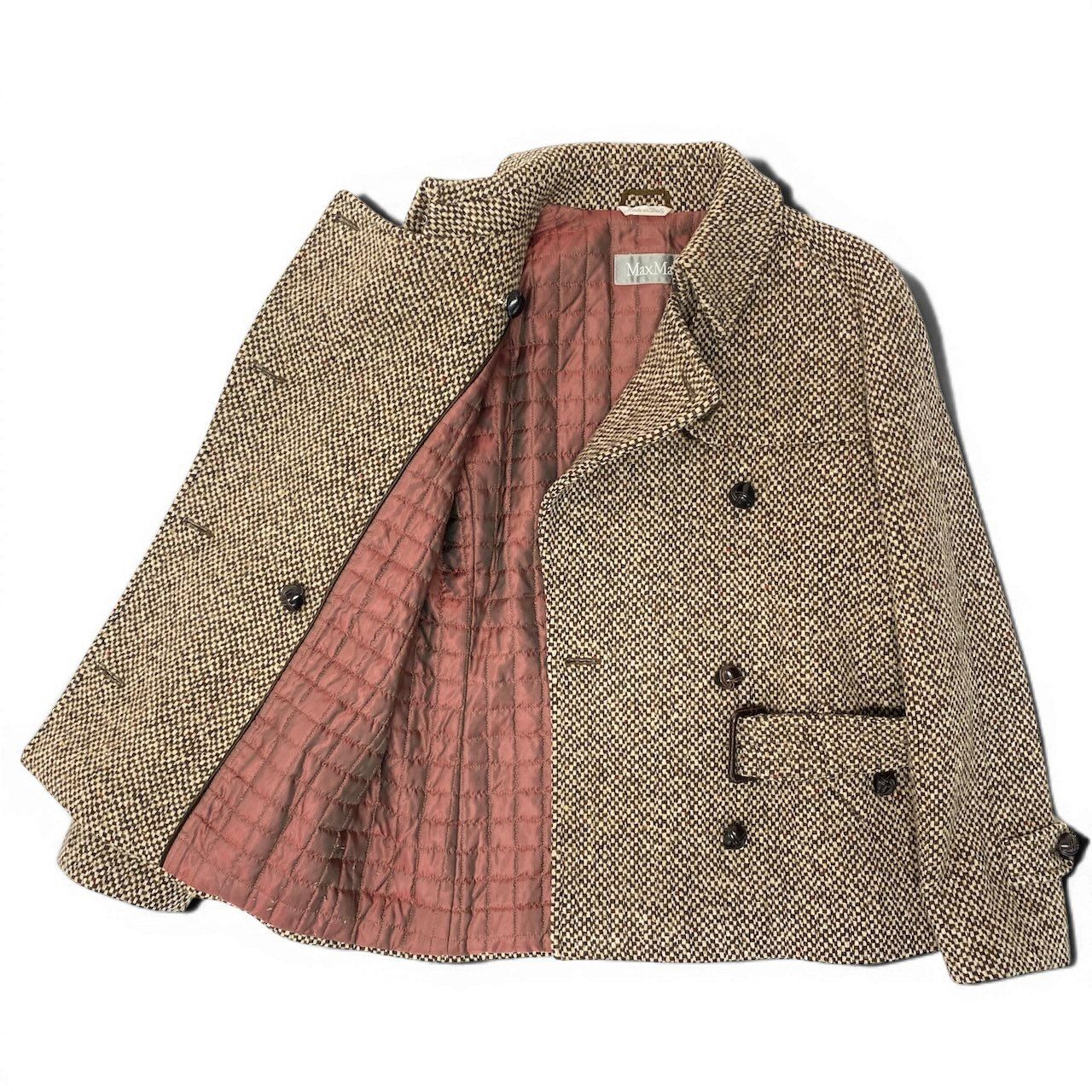 Max Mara Double Breasted Tweed Coat Insulation Jacket Half 42 Beige Brown — view 4