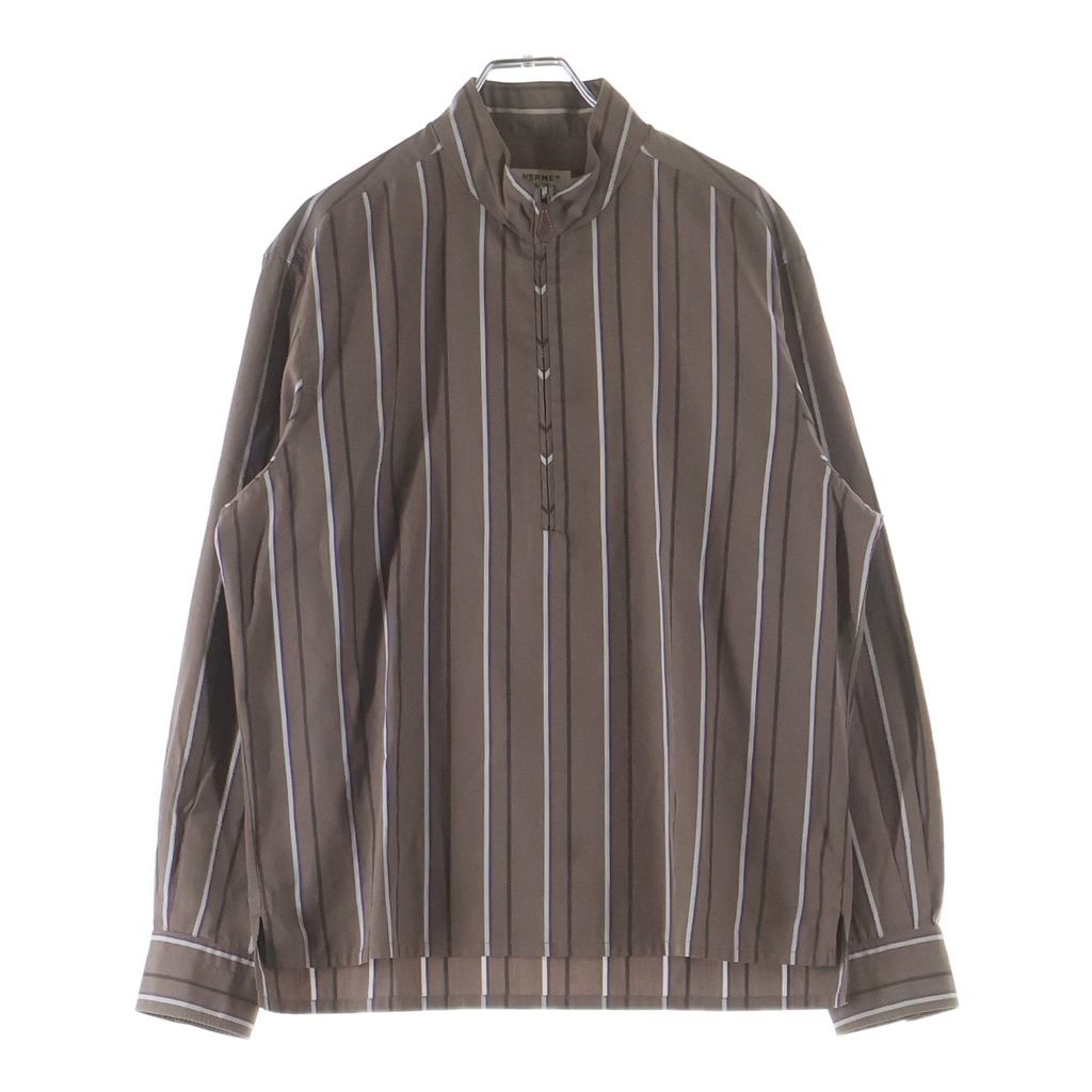 Hermes Half Zip Shirt Striped Khaki Brown Cotton