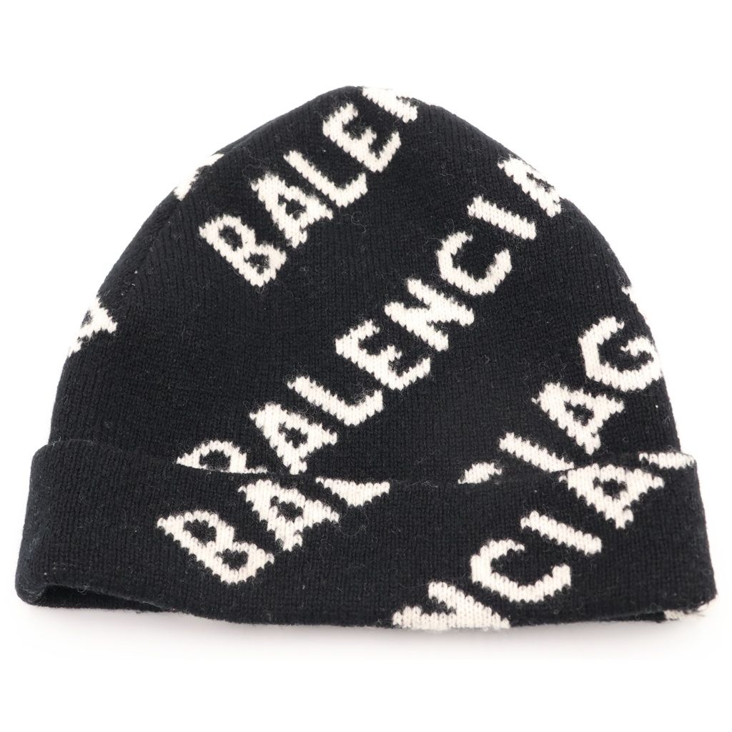 Balenciaga Logo Allover Beanie Knit Hat Black