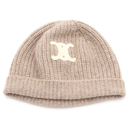 Celine Triomphe Patch Cashmere Knit Hat Beanie Ivory