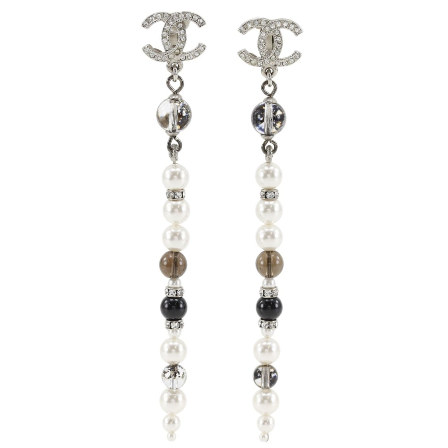 Chanel CC Logo Long Metal Faux Pearl Line Stone Silver Earrings